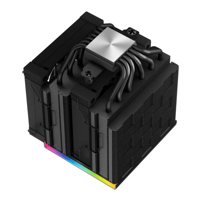 DeepCool AK620 DIGITAL CPU-koeler met digitaal display, dubbele ventilatoren en heatpipes, close-up van het digitale display met CPU-temperatuur, ARGB LED-verlichting en installatie via USB 2.0-header